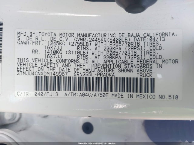 45242124 :رقم المزاد ، 3TMJU4GNXDM149987 vin ، 2013 Toyota Tacoma Prerunner V6 مزاد بيع