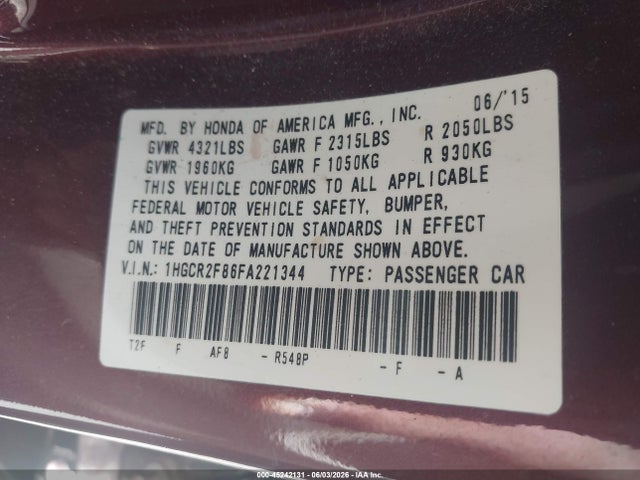 Продажа на аукционе авто 2015 Honda Accord Ex-l, vin: 1HGCR2F86FA221344, номер лота: 45242131