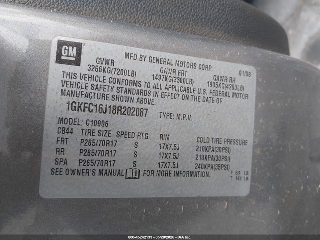 Продаж на аукціоні авто 2008 Gmc Yukon Xl 1500 Sle, vin: 1GKFC16J18R202087, номер лоту: 45242133