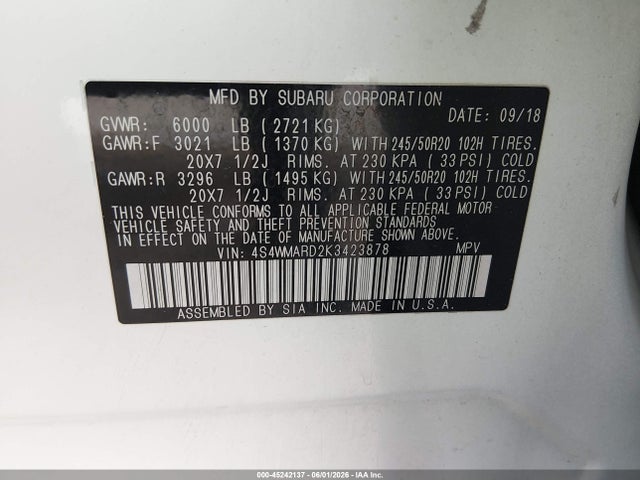 Aukcja sprzedaży 2019 Subaru Ascent Touring, vin: 4S4WMARD2K3423878, numer aukcji: 45242137