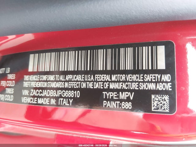 2018 Jeep Renegade Limited Fwd მანქანა იყიდება აუქციონზე, vin: ZACCJADB9JPG68810, აუქციონის ნომერი: 45242146