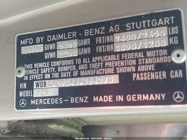 Продаж на аукціоні авто 1988 Mercedes-benz 560 Sel, vin: WDBCA39D4JA364370, номер лоту: 45242149