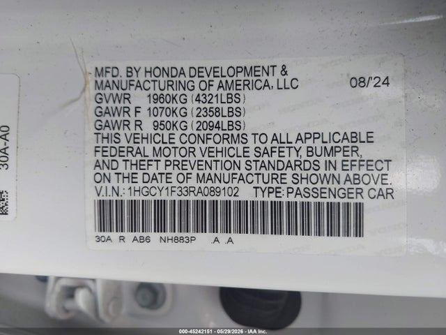 Aukcja sprzedaży 2024 Honda Accord Ex, vin: 1HGCY1F33RA089102, numer aukcji: 45242151