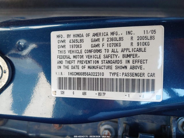 Продажа на аукционе авто 2006 Honda Accord 3.0 Ex, vin: 1HGCM66856A022310, номер лота: 45242170