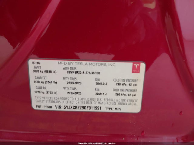 5YJXCBE29GF011991 Tesla Model X 60d/70d/75d/90d/p100d