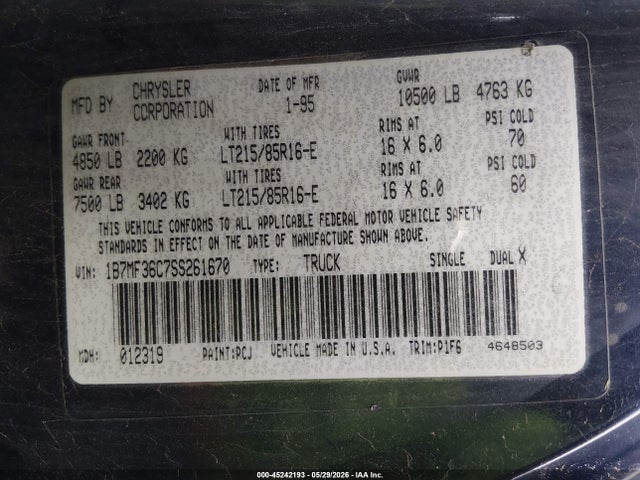 45242193 :رقم المزاد ، 1B7MF36C7SS261670 vin ، 1995 Dodge Ram 3500 مزاد بيع