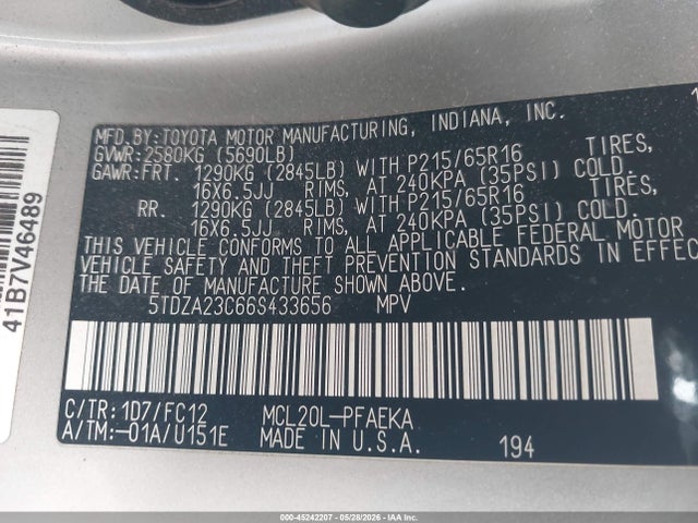 45242207 :رقم المزاد ، 5TDZA23C66S433656 vin ، 2006 Toyota Sienna Le مزاد بيع