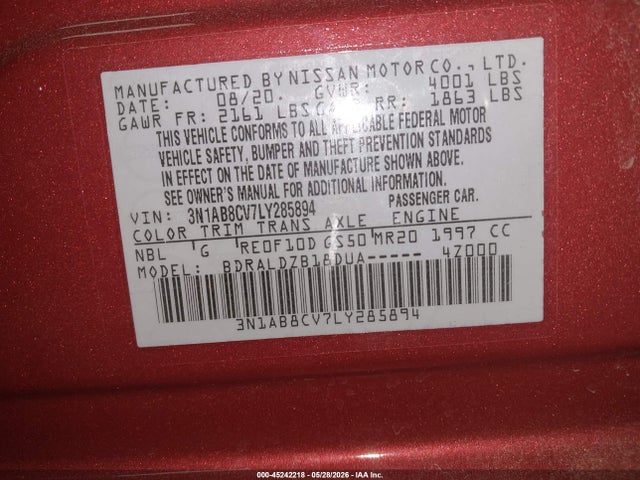 2020 Nissan Sentra Sv Xtronic Cvt მანქანა იყიდება აუქციონზე, vin: 3N1AB8CV7LY285894, აუქციონის ნომერი: 45242218