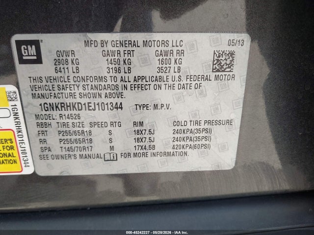 Aukcja sprzedaży 2014 Chevrolet Traverse 2lt, vin: 1GNKRHKD1EJ101344, numer aukcji: 45242227