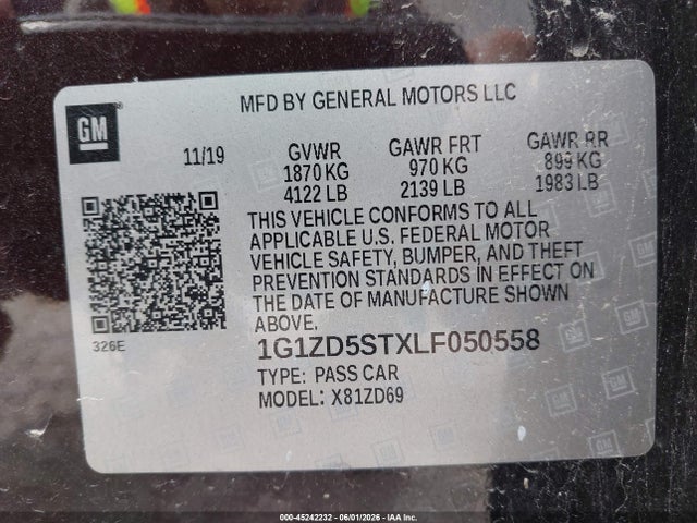 Продажа на аукционе авто 2020 Chevrolet Malibu Fwd Lt, vin: 1G1ZD5STXLF050558, номер лота: 45242232