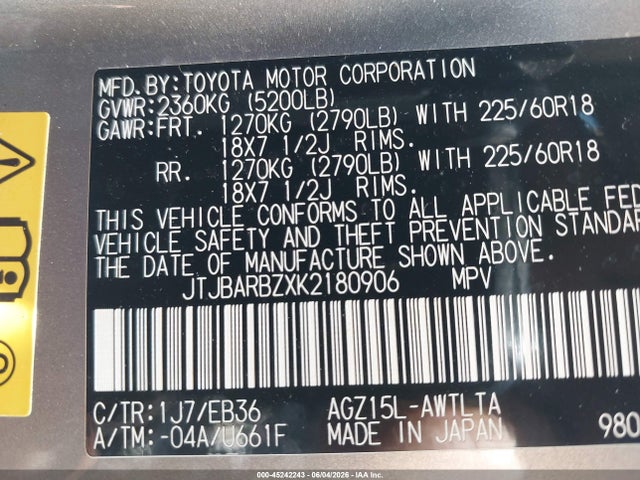 45242243 :رقم المزاد ، JTJBARBZXK2180906 vin ، 2019 Lexus Nx 300 F Sport مزاد بيع