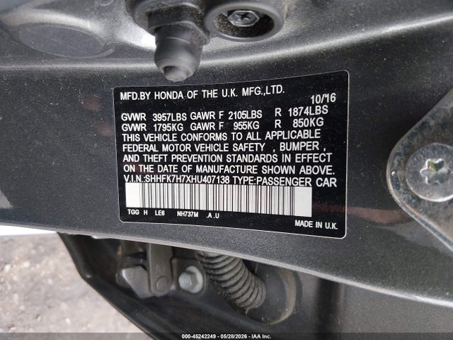 Продаж на аукціоні авто 2017 Honda Civic Ex-l, vin: SHHFK7H7XHU407138, номер лоту: 45242249