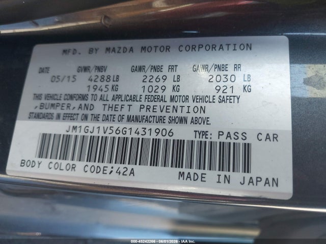 Aukcja sprzedaży 2016 Mazda Mazda6 I Touring, vin: JM1GJ1V56G1431906, numer aukcji: 45242266