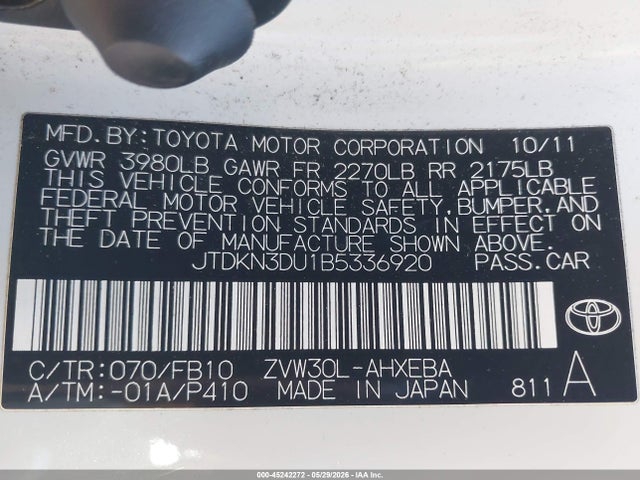 Aukcja sprzedaży 2011 Toyota Prius Two, vin: JTDKN3DU1B5336920, numer aukcji: 45242272