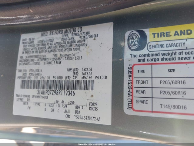 Продажа на аукционе авто 2008 Ford Fusion Se, vin: 3FAHP07Z98R119346, номер лота: 45242284