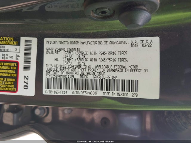 Продажа на аукционе авто 2022 Toyota Tacoma Trd Sport, vin: 3TYDZ5BN0NT011196, номер лота: 45242298