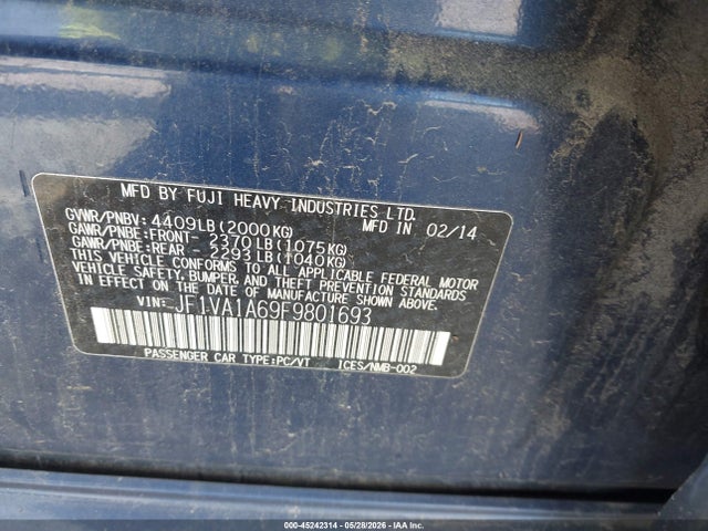 Продаж на аукціоні авто 2015 Subaru Wrx, vin: JF1VA1A69F9801693, номер лоту: 45242314