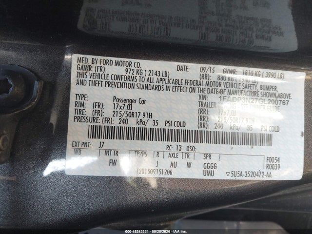 2016 Ford Focus Titanium მანქანა იყიდება აუქციონზე, vin: 1FADP3N27GL200767, აუქციონის ნომერი: 45242321