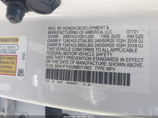 5FNYF7H22MB011802 Honda Passport 2wd Sport