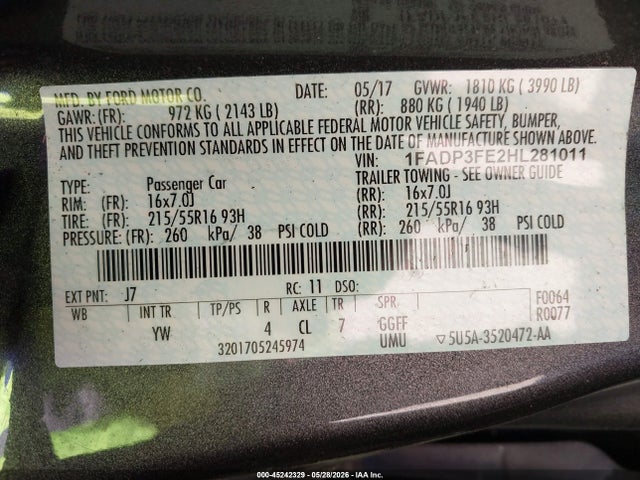 2017 Ford Focus Se მანქანა იყიდება აუქციონზე, vin: 1FADP3FE2HL281011, აუქციონის ნომერი: 45242329
