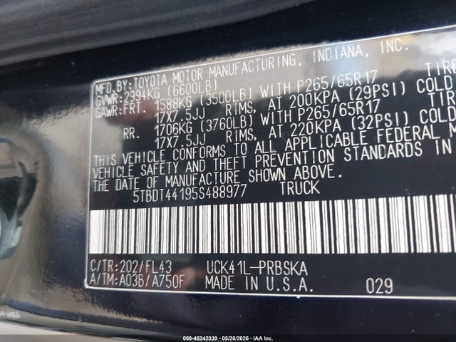 Aukcja sprzedaży 2005 Toyota Tundra Sr5 V8, vin: 5TBDT44195S488977, numer aukcji: 45242339