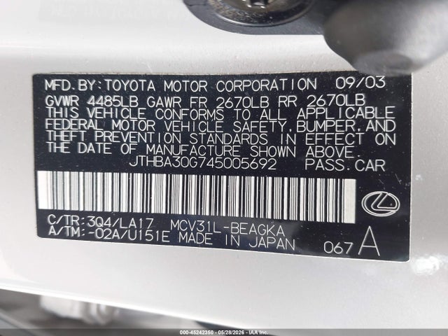 Aukcja sprzedaży 2004 Lexus Es 330, vin: JTHBA30G745005692, numer aukcji: 45242350