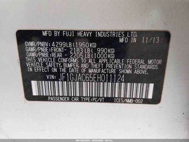 Продаж на аукціоні авто 2014 Subaru Impreza 2.0i Premium, vin: JF1GJAC65EH011124, номер лоту: 45242352