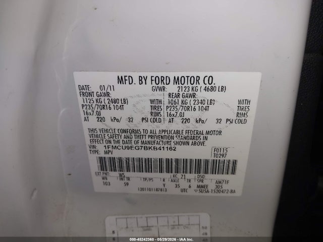 45242360 :رقم المزاد ، 1FMCU9EG7BKB41162 vin ، 2011 Ford Escape Limited مزاد بيع