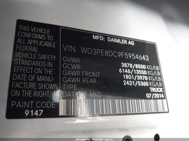 Продаж на аукціоні авто 2015 Mercedes-benz Sprinter 2500 High Roof, vin: WD3PE8DC9F5954643, номер лоту: 45242363