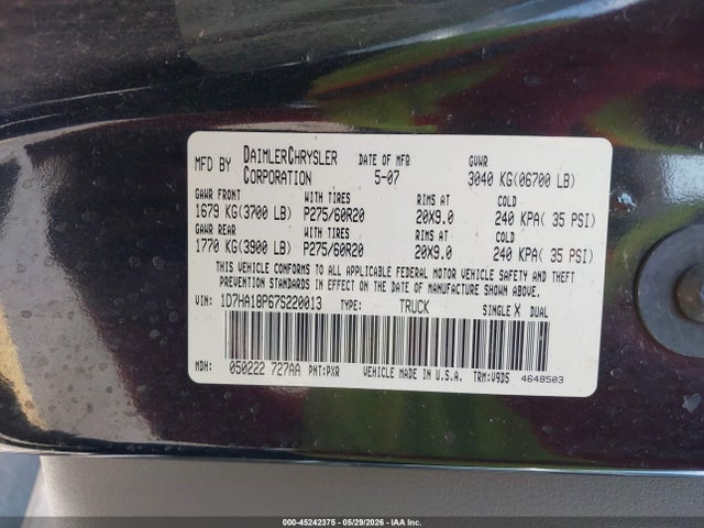 Aukcja sprzedaży 2007 Dodge Ram 1500 Slt, vin: 1D7HA18P67S220013, numer aukcji: 45242375