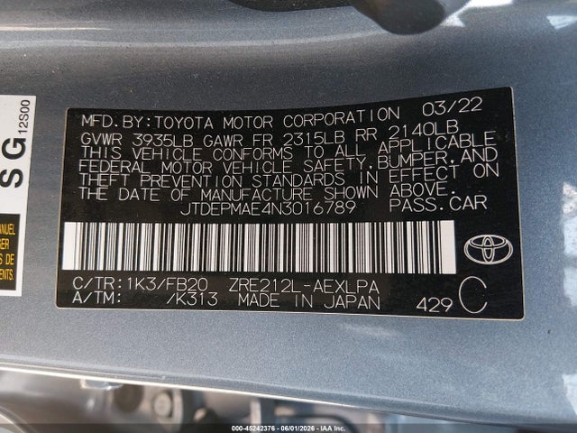 45242376 :رقم المزاد ، JTDEPMAE4N3016789 vin ، 2022 Toyota Corolla Le مزاد بيع