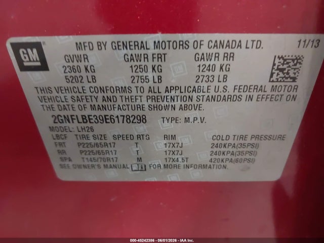 45242386 :رقم المزاد ، 2GNFLBE39E6178298 vin ، 2014 Chevrolet Equinox 1lt مزاد بيع