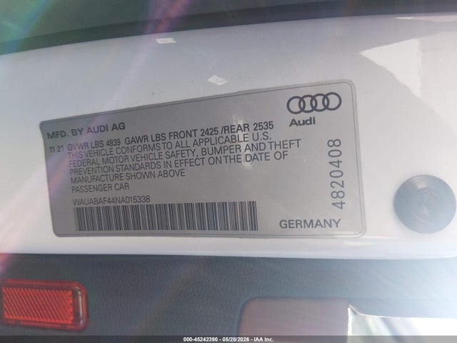 45242390 :رقم المزاد ، WAUABAF44NA015338 vin ، 2022 Audi A4 Premium 40 Tfsi Quattro S Tronic مزاد بيع