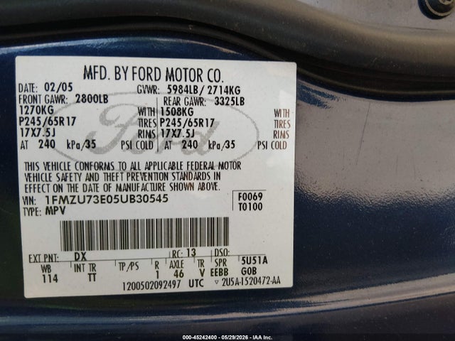 Auction sale of the 2005 Ford Explorer Xlt/xlt Sport, vin: 1FMZU73E05UB30545, lot number: 45242400