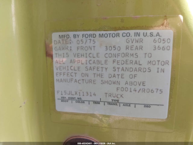 Продажа на аукционе авто 1975 Ford F150, vin: F15JLX11314, номер лота: 45242401