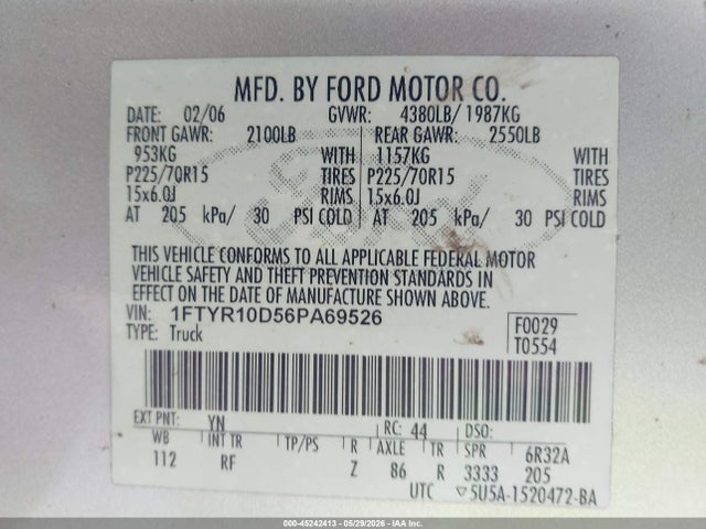Продажа на аукционе авто 2006 Ford Ranger Xl/xlt, vin: 1FTYR10D56PA69526, номер лота: 45242413