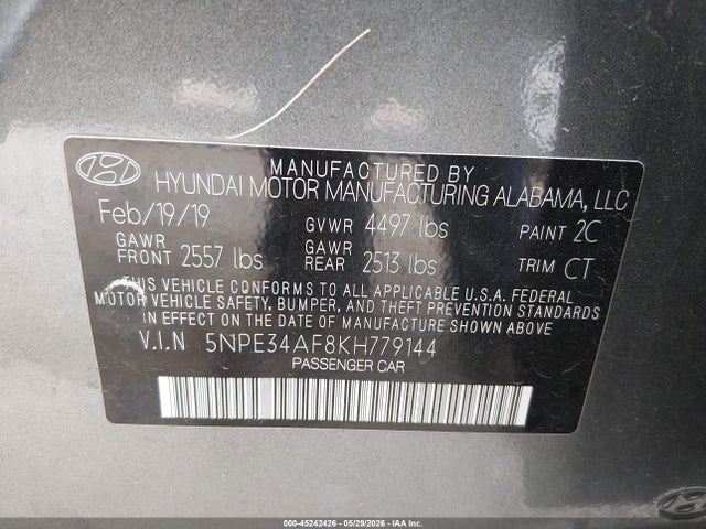 45242426 :رقم المزاد ، 5NPE34AF8KH779144 vin ، 2019 Hyundai Sonata Sport مزاد بيع