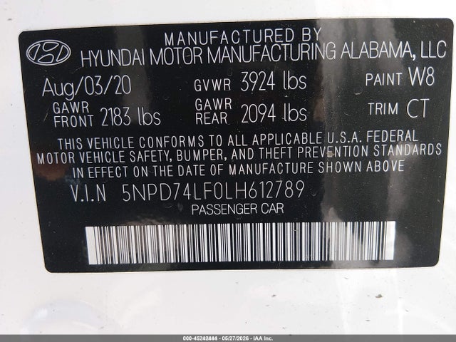 2020 Hyundai Elantra Se მანქანა იყიდება აუქციონზე, vin: 5NPD74LF0LH612789, აუქციონის ნომერი: 45242444