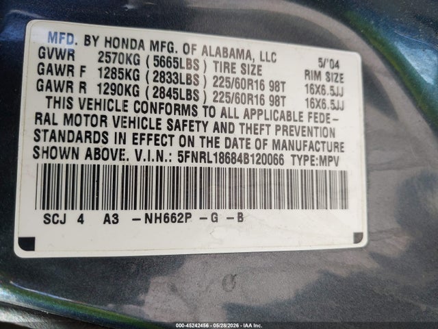 Продаж на аукціоні авто 2004 Honda Odyssey Ex, vin: 5FNRL18684B120066, номер лоту: 45242456
