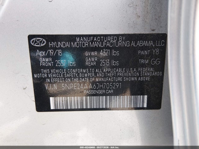 45242465 :رقم المزاد ، 5NPE24AA6JH705291 vin ، 2018 Hyundai Sonata Eco مزاد بيع