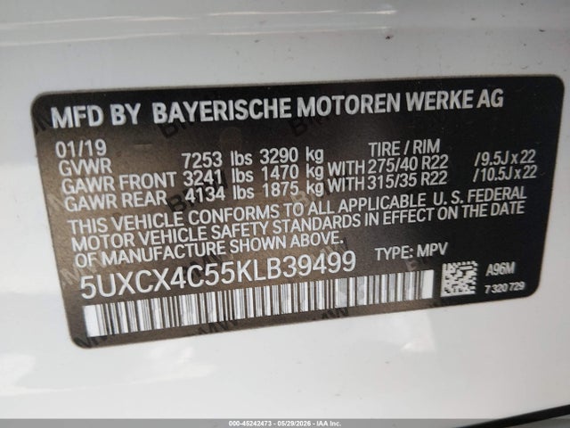 2019 Bmw X7 Xdrive50i მანქანა იყიდება აუქციონზე, vin: 5UXCX4C55KLB39499, აუქციონის ნომერი: 45242473