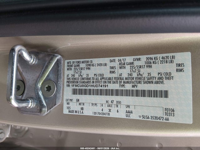 2017 Ford Escape Se მანქანა იყიდება აუქციონზე, vin: 1FMCU0GD1HUD74191, აუქციონის ნომერი: 45242481