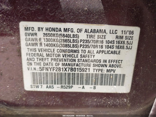 Продажа на аукционе авто 2007 Honda Pilot Lx, vin: 5FNYF281X7B015921, номер лота: 45242496