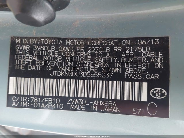 Aukcja sprzedaży 2013 Toyota Prius Two, vin: JTDKN3DU3D5655237, numer aukcji: 45242507