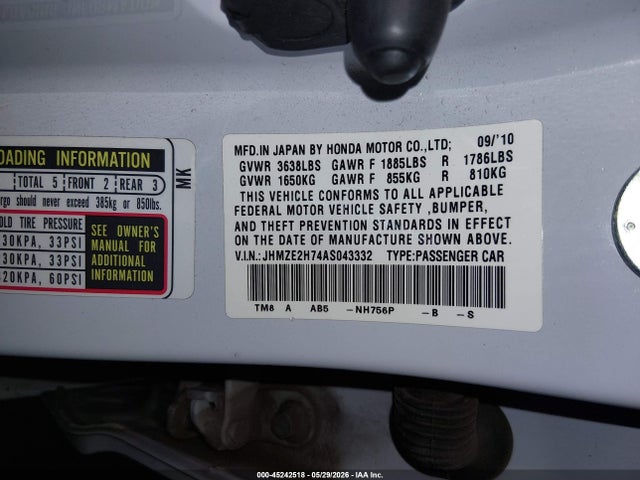 2010 Honda Insight Ex მანქანა იყიდება აუქციონზე, vin: JHMZE2H74AS043332, აუქციონის ნომერი: 45242518