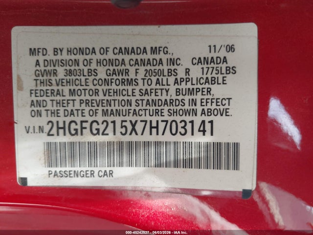 Продаж на аукціоні авто 2007 Honda Civic Si, vin: 2HGFG215X7H703141, номер лоту: 45242527
