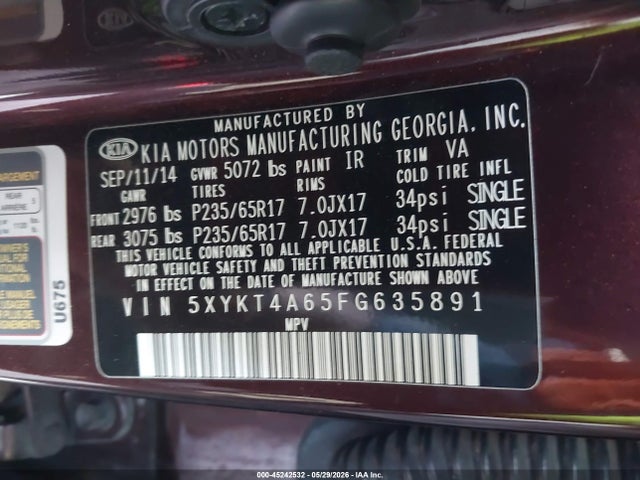 KIA SORENTO LX 2015 5XYKT4A65FG635891 Image 9