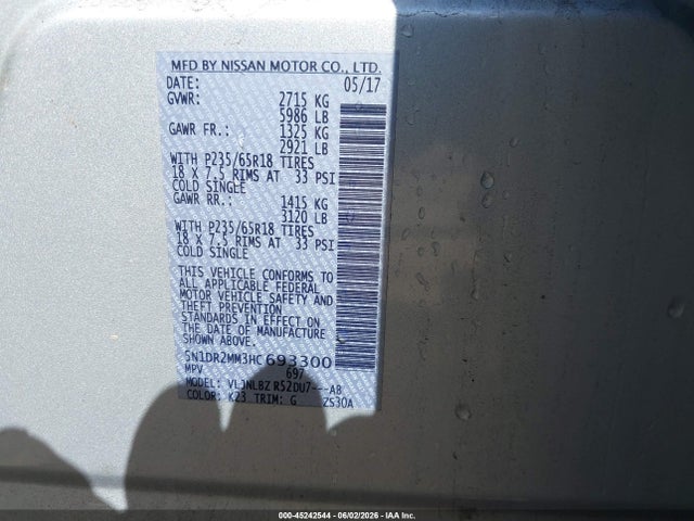 2017 Nissan Pathfinder S მანქანა იყიდება აუქციონზე, vin: 5N1DR2MM3HC693300, აუქციონის ნომერი: 45242544