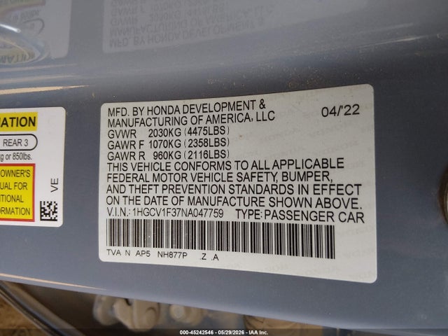 1HGCV1F37NA047759 Honda Accord Sport