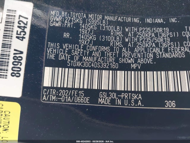 Продаж на аукціоні авто 2013 Toyota Sienna Se 8 Passenger, vin: 5TDXK3DC4DS392160, номер лоту: 45242553